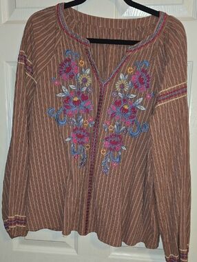 ELF‎ Brown Tunic with Pink & Blue Floral Embroidery